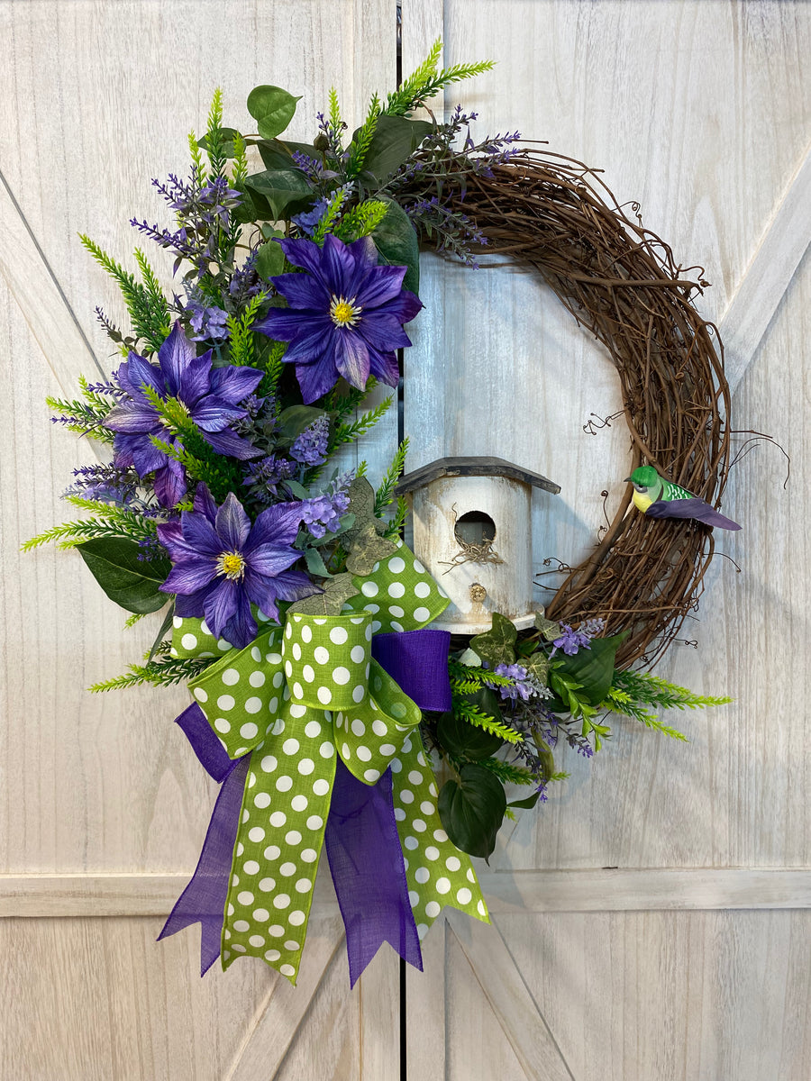 Grapevine Wreath - Purple Clematis and Birdhouse – Crafting On The