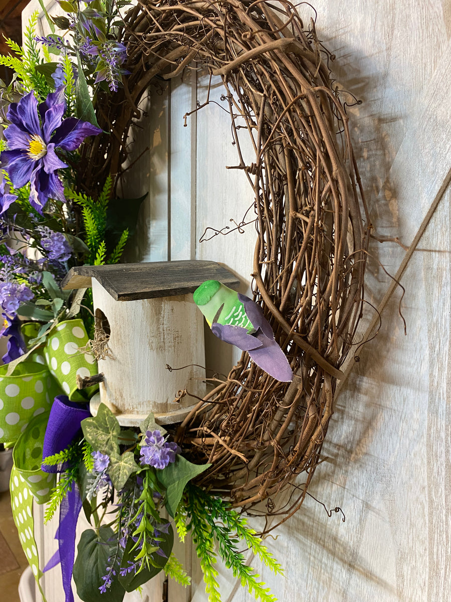 Grapevine Wreath - Purple Clematis and Birdhouse