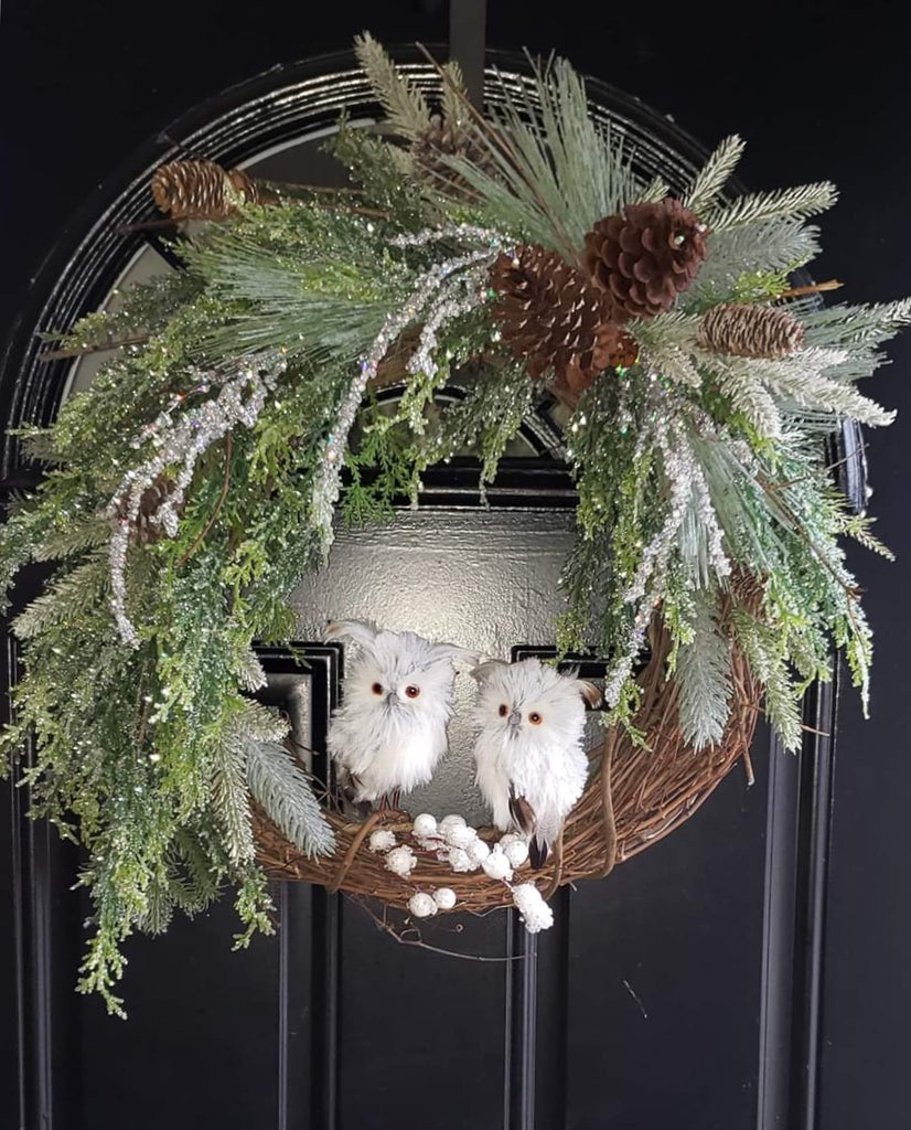 Frosted Winter Grapevine Wreath with pair of snow owls