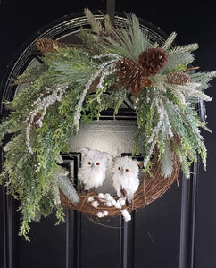 Frosted Winter Grapevine Wreath with pair of snow owls