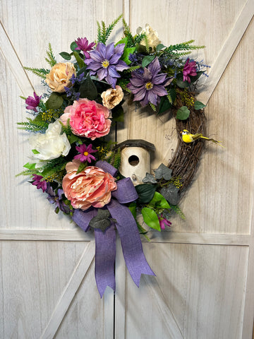 Grapevine Wreath - Peonies and Birdhouse