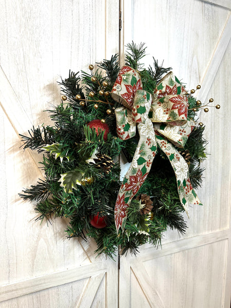 Poinsettia & Holly Ribbon Wreath