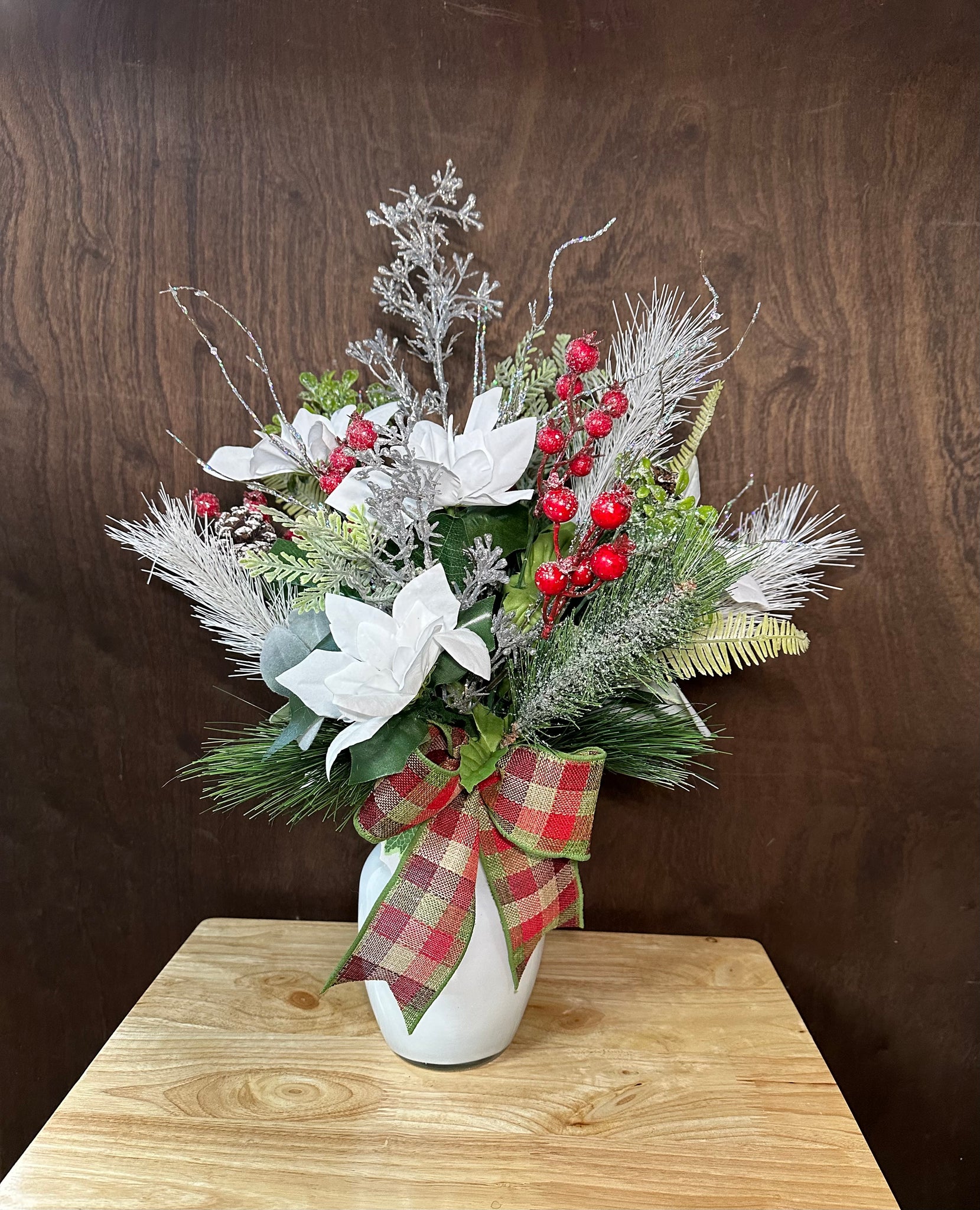 White Pinsettias and Berries Arrangement