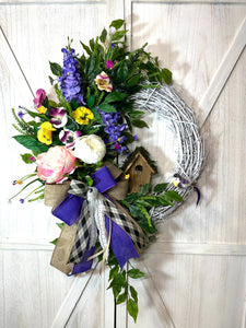 Grapevine Wreath - Wisteria and Birdhouse