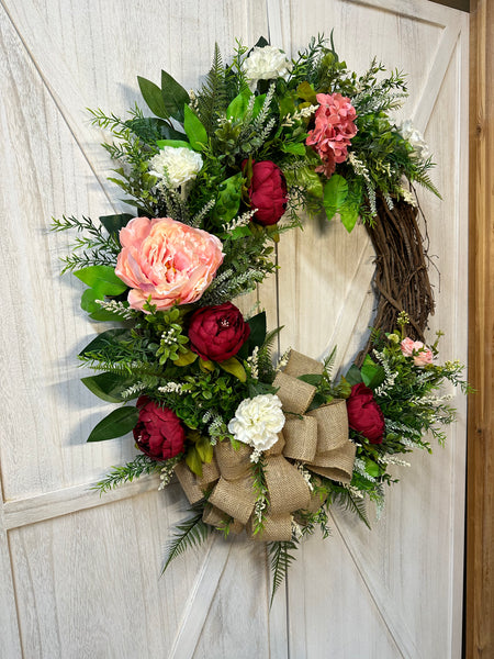 Spring & Summer Peonies Wreath - dark pink