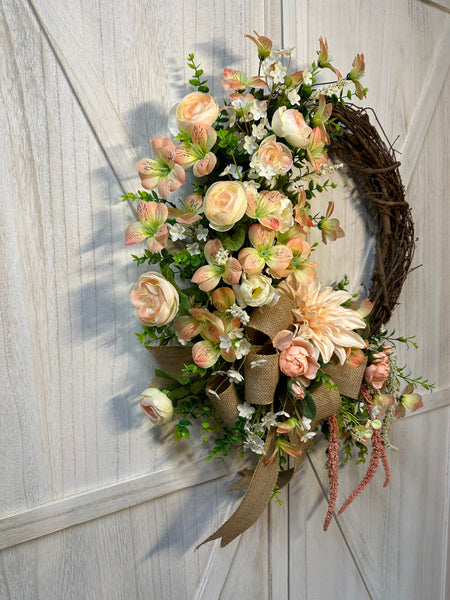 Peach Dahilia Grapevine Wreath