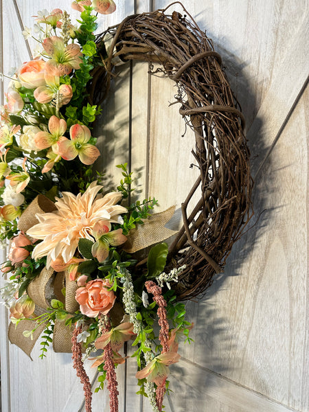 Peach Dahilia Grapevine Wreath