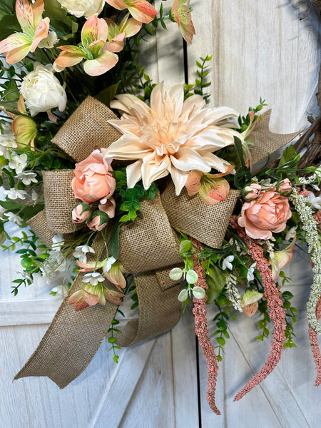 Peach Dahilia Grapevine Wreath