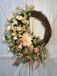 Peach Dahilia Grapevine Wreath