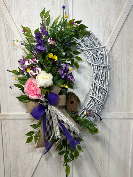 Grapevine Wreath - Wisteria and Birdhouse