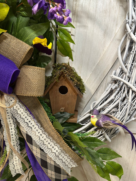 Grapevine Wreath - Wisteria and Birdhouse