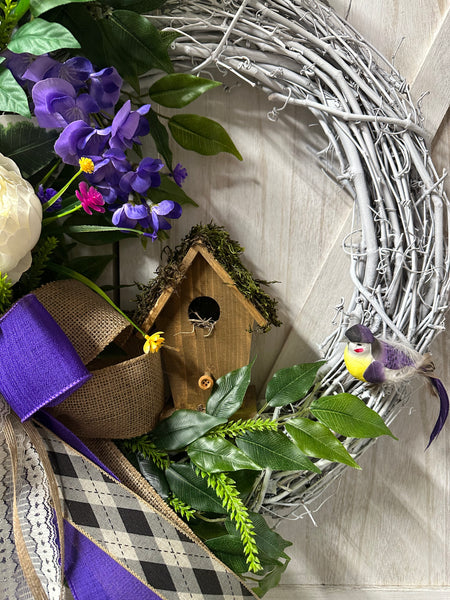 Grapevine Wreath - Wisteria and Birdhouse