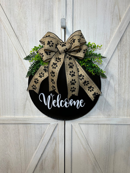 Welcome or Hello Door Hanger - Round Metal (color & bow options)