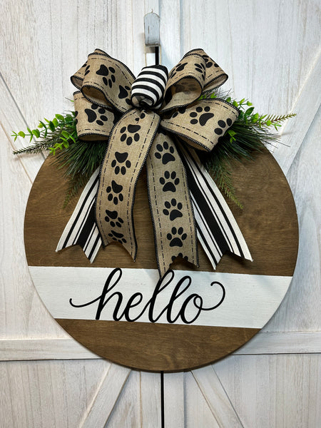 Welcome or Hello Door Hanger - Round Wood (bow options)