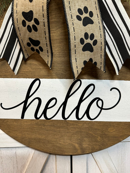 Welcome or Hello Door Hanger - Round Wood (bow options)