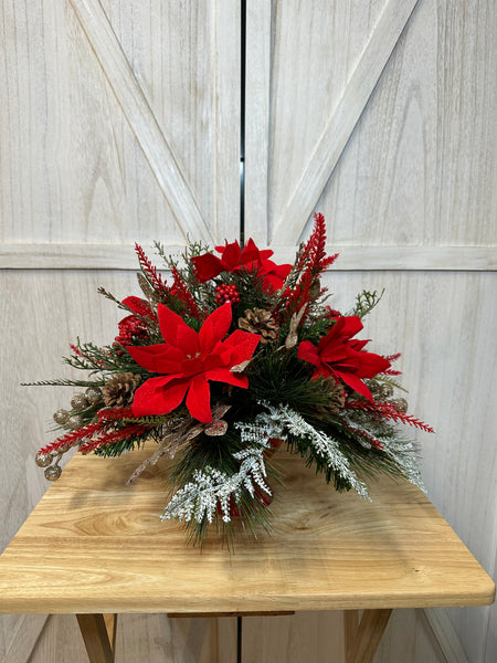 Red Pinsettias and Gold Berries Arrangement