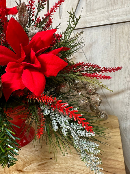 Red Pinsettias and Gold Berries Arrangement