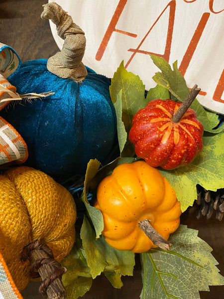 Hello Fall Pumpkins Wreath - Turquoise Grapevine