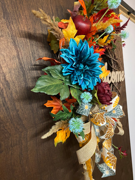 Welcome Fall Dahlia Wreath -Turquoise