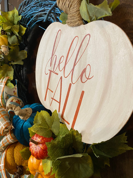 Hello Fall Pumpkins Wreath - Turquoise Grapevine