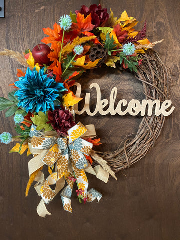 Welcome Fall Dahlia Wreath -Turquoise