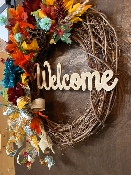 Welcome Fall Dahlia Wreath -Turquoise