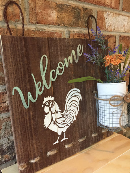 Welcome Rooster & Florals Sign