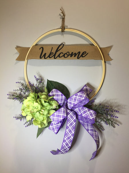 Welcome Green Hydrangea Wreath - (multiple bow options)