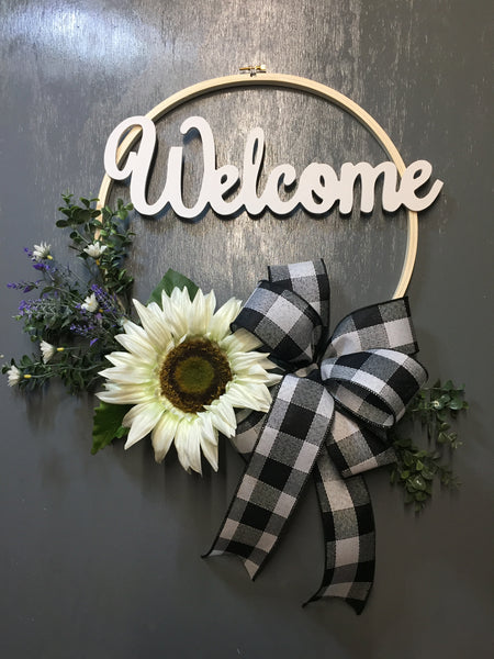 Welcome White Sunflower - (bow and sign color options)