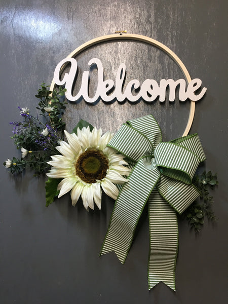 Welcome White Sunflower - (bow and sign color options)