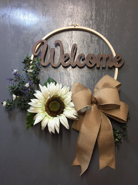 Welcome White Sunflower - (bow and sign color options)