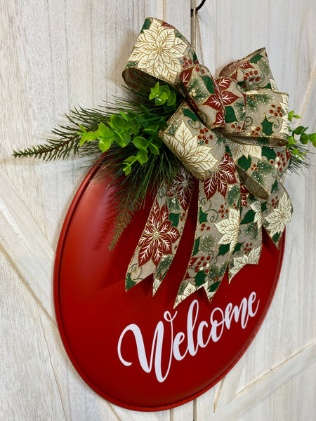 Welcome or Hello Door Hanger - Round Metal (color & bow options)