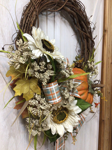 Ivory Sunflower & Pumpkins Wreath