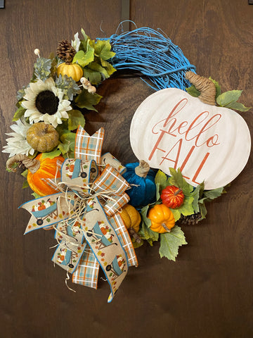 Hello Fall Pumpkins Wreath - Turquoise Grapevine