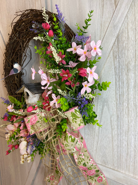 Grapevine Wreath - Pink Wisteria and Birdhouse