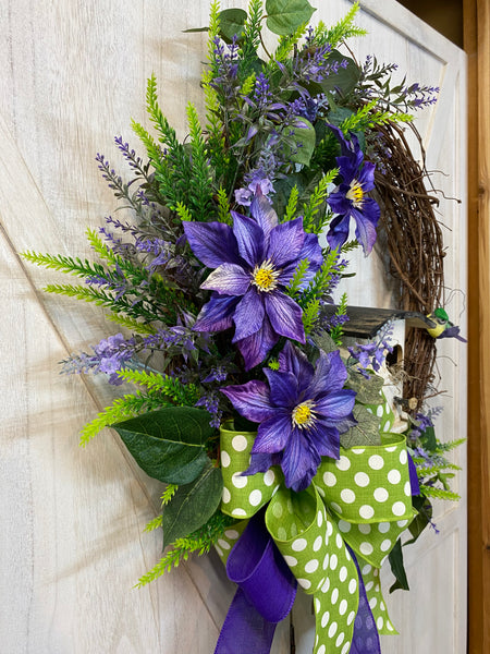 Grapevine Wreath - Purple Clematis and Birdhouse