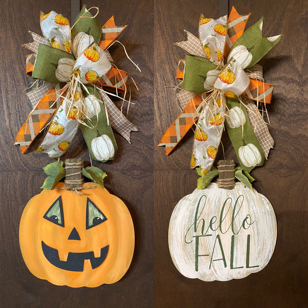 Halloween Jack-O-Lantern and Hello Fall Pumpkin Sign - reversable