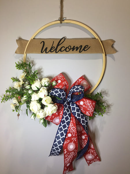 Welcome White Roses Wreath - (multiple bow options)