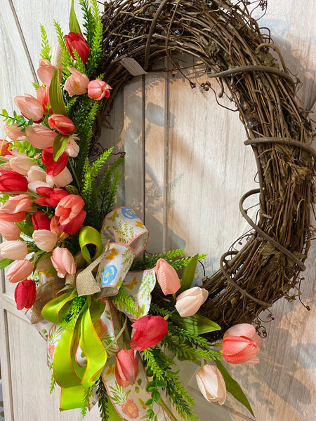 Tulips Grapevine Wreath - Pinks