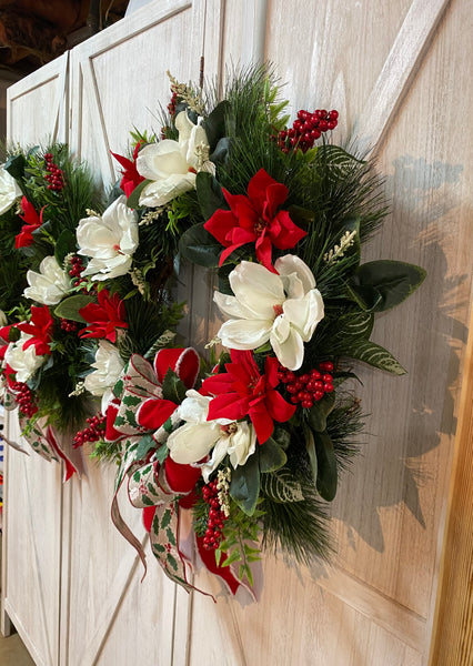 Magnolia and Poinsettia Wreath