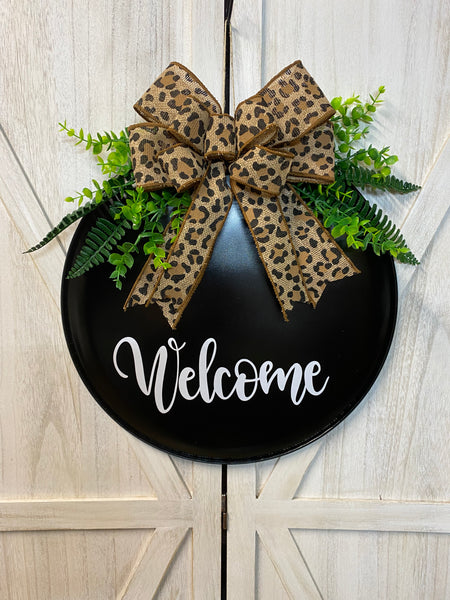 Welcome or Hello Door Hanger - Round Metal (color & bow options)