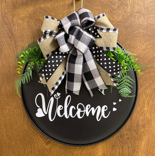 Welcome or Hello Door Hanger - Round Metal (color & bow options)