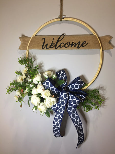 Welcome White Roses Wreath - (multiple bow options)