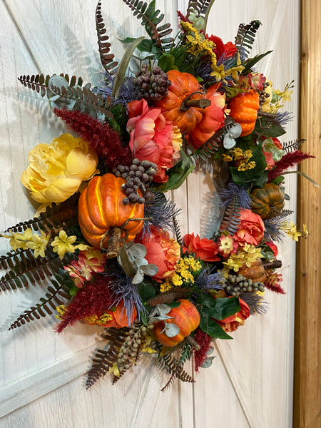 Fall Peony and Pumpkin Wreath