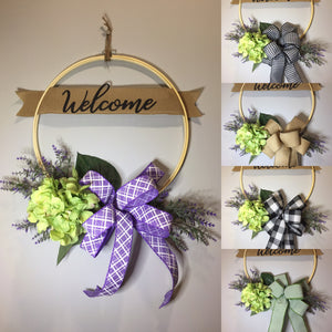 Welcome Green Hydrangea Wreath - (multiple bow options)