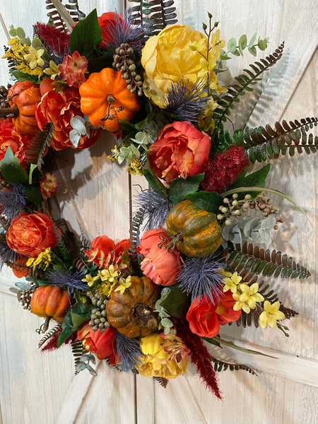 Fall Peony and Pumpkin Wreath