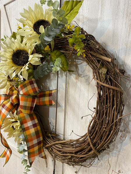 Cream Sunflowers and Eucalyptus Wreath