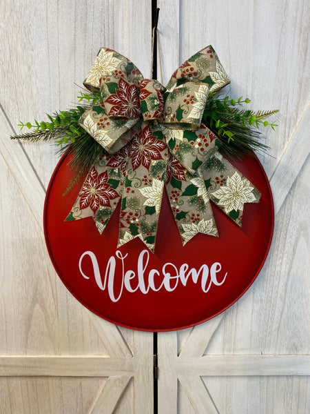 Welcome or Hello Door Hanger - Round Metal (color & bow options)