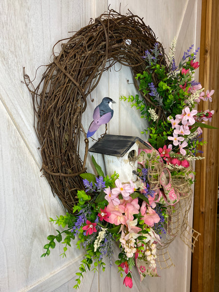 Grapevine Wreath - Pink Wisteria and Birdhouse