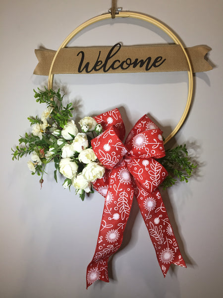 Welcome White Roses Wreath - (multiple bow options)